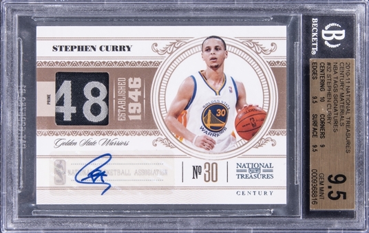2010-11 Panini National Treasures Century Materials NBA Tag Signatures #32 Stephen Curry Signed Patch Card (#1/1) - BGS GEM MINT 9.5/BGS 9